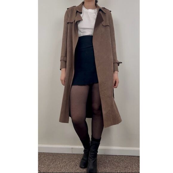 Vintage Jackets & Blazers - Faux Suede Elegant Belted Trench Coat